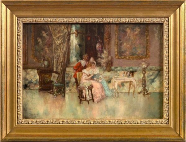 Continental School (19th Century): Continental School (19th Century) "Afternoon Tea", oil on canvas, 8" x 12", signed lower left "C. Monte". Presented in a contemporary molded giltwood frame.