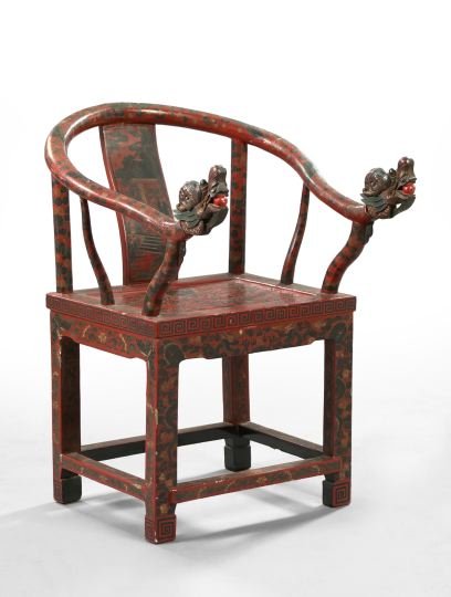 Chinese Wooden Yoke-Back Mandarin's Chair: Majestic Chinese Carved Wooden Yoke-Back Mandarin's Chair, third quarter 19th century, the red-lacquered and black-painted surface in the traditional style, the arm terminals carved as dragon heads, h