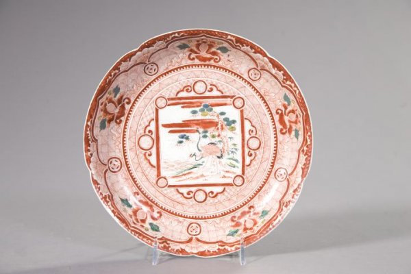 Attractive Japanese Edo Kutani Porcelain Fruit Bow: Attractive Japanese Edo Kutani Porcelain Fruit Bowl, third quarter 19th century, of shallow form in "Cranes on the Shore" decor, dia. 10".