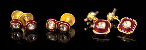 Gold, Enamel and Diamond Gentleman's Dress Set: Fourteen-Karat Yellow Gold, Enamel and Diamond Gentleman's Dress Set, composed of a pair of cufflinks and four studs, all of Indian inspiration, the cufflinks in red, white, green and black enamel and