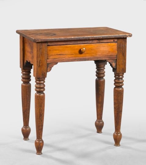 Vernacular American Sheraton Oak and Pine Table: Vernacular American Sheraton Oak and Pine Work Table, late 19th century, the rectilinear top over a single drawer, raised on generously proportioned turned oak legs, h. 27-1/4", w. 24", d. 15-3/4".