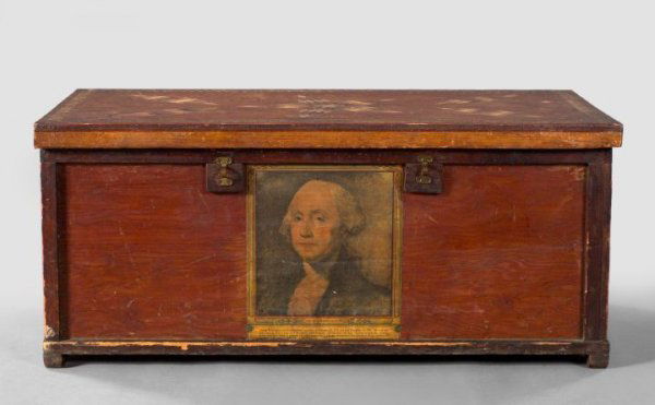 American "Tunbridge"-Inlaid Fir Chest,: American "Tunbridge"-Inlaid Fir Chest, first quarter 20th century, featuring a five-point star on the lid and a decoupage portrait of George Washington after Gilbert Stuart (American, 1755-1828) in th