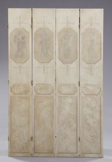 French Painted Wooden Four-Panel Folding Screen: French Painted Wooden Four-Panel Folding Screen, ecru- and grisaille-decorated in the Louis XVI style, each panel with a plaque of a Muse in the classical manner, fitted with a hanging wire on the rev