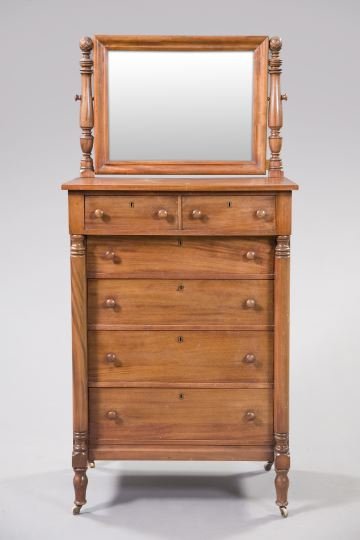 American Mahogany Chest of Drawers with Mirror: American Mahogany Chest of Drawers with Mirror, ca. 1900, in the Late Classical style, the base with a pair of side-by-side drawers over four graduated long drawers, flanked by large turned columns, t
