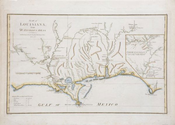 Large 1788 Hand-Colored Map of Louisiana,: Large 1788 Hand-Colored Map of Louisiana, from d'Anville's Atlas, drawn by Haywood and engraved by George Bower, with a smaller map of Upper Louisiana at the right, fully titled and dated upper left,