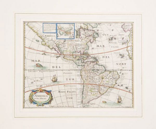 Rare Hand-Colored Engraved Map of America,: Rare Hand-Colored Engraved Map of America, ca. 1665-1670, by Matthaux Merian the Younger (1621-1687), showing the entire Western Hemisphere, the Atlantic and Pacific oceans, fully titled lower left an