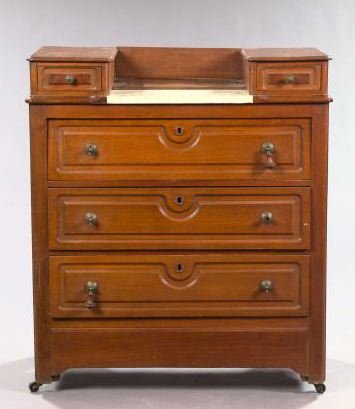 American Renaissance Revival Walnut Dresser: American Renaissance Revival Walnut and Marble-Top Dresser, third quarter 19th century, with a white marble deck flanked by small glove boxes on each side, the three long drawers below with raised and