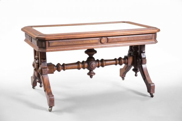 American Renaissance Revival Walnut Coffee Table: American Renaissance Revival Burl Walnut and Marble-Top Coffee Table, third quarter 19th century, the rectangular top with an insert white marble mounted to a trestle-form base with turned stretcher a