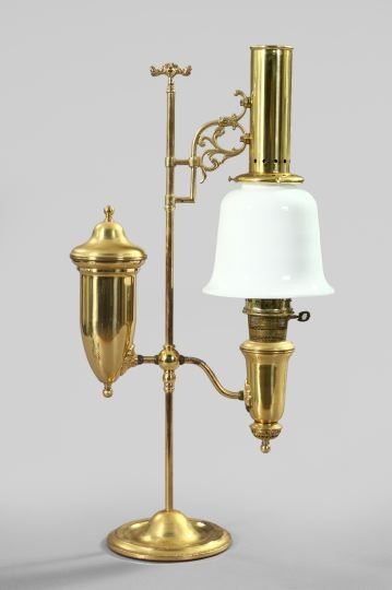Good American Student Kerosene Lamp,: Good American Student Kerosene Lamp, fourth quarter 19th century, now electrified, fitted with a white opal glass shade of bell form, the font of modified bullet form, h. 31-1/4", w. 17", d. 8-1/4".