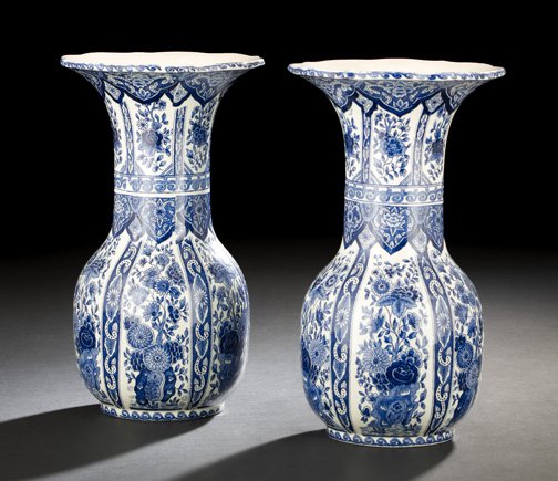 Sphinx Pottery, Maastricht, Holland, Delft Vases: Pair of Royal Sphinx Pottery, Maastricht, Holland, Blue and White Delft Pottery Vases, of tall-neck form in the 18th-century style, each vase fully marked on the base in blue underglaze transfer print