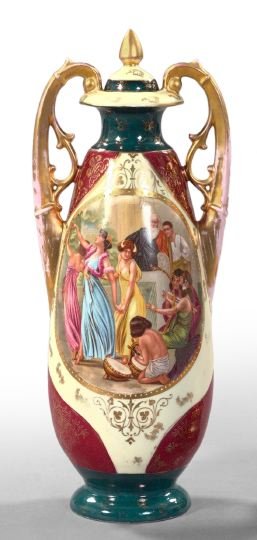 Josef Riedl, Austria, Porcelain Garniture Vase: Josef Riedl, Austria, Porcelain Covered Garniture Vase, 1890-1918, with two handles in the Vienna style, the facade with a polychromed "Dance of the Maidens" reserve, the base with a gray overglaze "b