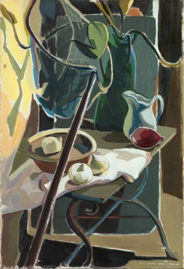 New Orleans School (20th Century): New Orleans School (20th Century) "Still Life with Vase and Fruit on a Table", oil on canvas, 38" x 26", signed and dated lower right "Joel Simon Loewenbaum '64". Unframed.