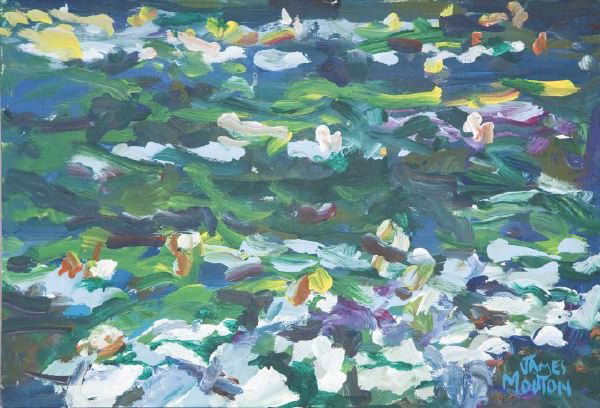 James Mouton (New Orleans School, 20th Century): James Mouton (New Orleans School, 20th Century) "Water Lilies", oil on academy board, signed lower right "James Mouton", 12" x 17-1/2", titled, dated and signed on board verso. Unframed.