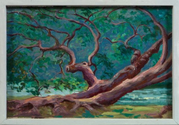 Jacques Soulas (American/New Orleans, b. 1957): Jacques Soulas (American/New Orleans, b. 1957) "Large Tree Trunk", 1992-1993, oil on masonite, 12" x 17-1/2", signed and dated lower right "J Soulas 93", titled, signed and dated "1992" on the reverse