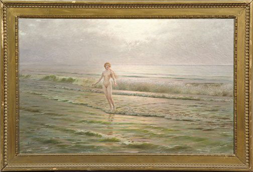 Pasquale Celommi (Italian, 1851-1928): Pasquale Celommi (Italian, 1851-1928) "Birth of Venus", oil on canvas, signed lower left "P Celommi", 29" x 47". Presented in a giltwood and plaster exhibition frame. Reference: Benezit.