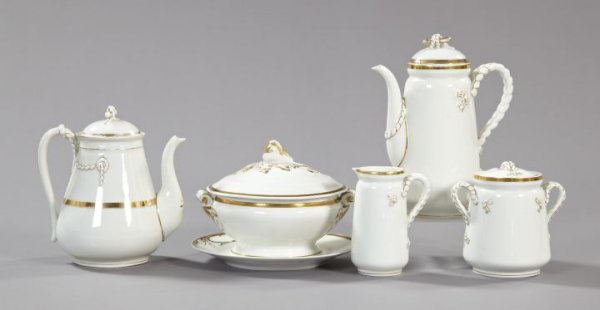 Six-Piece Group of Porcelain,: Six-Piece Group of Porcelain, consisting of a good four-piece early Haviland and Company, Limoges, white and gold porcelain "Cable" coffee and tea service, third quarter 19th century, comprised of a c