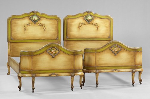 Pair of French Polychromed Twin Beds,: Pair of French Polychromed Twin Beds, early 20th century, each with a shaped headboard featuring painted medallions of courting couples, joined by rails to the curved footboards, each with a like flor