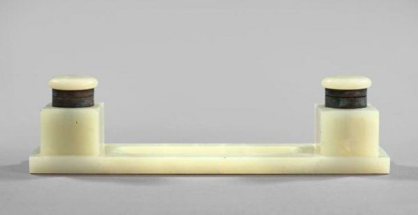 Continental Bronze-Mounted Alabaster Standish: Continental Bronze-Mounted Alabaster Double Standish, first quarter 20th century, the oblong tray fitted with a pair of square alabaster inkwells retaining the period glass liners, h. 4", w. 14", d. 3