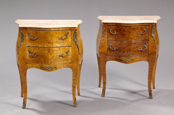 Louis XV-Style Brass-Mounted Burl Elm Commodes: Pair of Louis XV-Style Brass-Mounted Burl Elm and Marble-Top Commodes, of diminutive size, each of bombe form and having two drawers, raised on cabriole legs, h. 28-1/2", w. 22-1/4", d. 15-1/4".