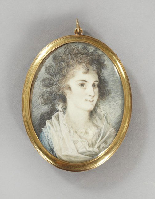 British School (Fourth Quarter 18th Century): British School (Fourth Quarter 18th Century) "Miniature Portrait Painting of a Young Lady", the reverse fitted with a cameo with beaded and gold-thread edging, 3-1/2" x 2-1/2". Presented in an oval gi