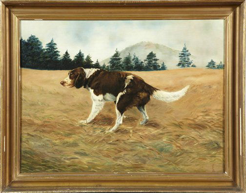 British School (Late 19th/Early 20th Century): British School (Late 19th/Early 20th Century) "English Setter in an Extensive Landscape", oil on canvas, initialed lower right "JT 75", 24" x 32-1/4". Presented in a giltwood frame.