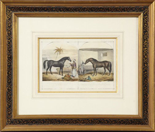 British School (19th Century): British School (19th Century) "Pure Arabian and The Godolphin Barb", chromolithograph, sight 8-1/2" x 11-1/2". Glazed, handsomely matted and presented in an ebonized and parcel-gilt frame.