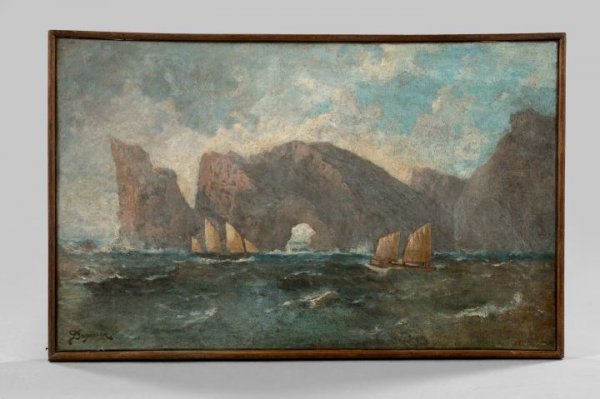 Continental School (Fourth Quarter 19th Century): Continental School (Fourth Quarter 19th Century) "Ships Approaching Sea Caves", oil on canvas, 16" x 25-3/4", signed lower left "Duperron". Presented in a wood frame.