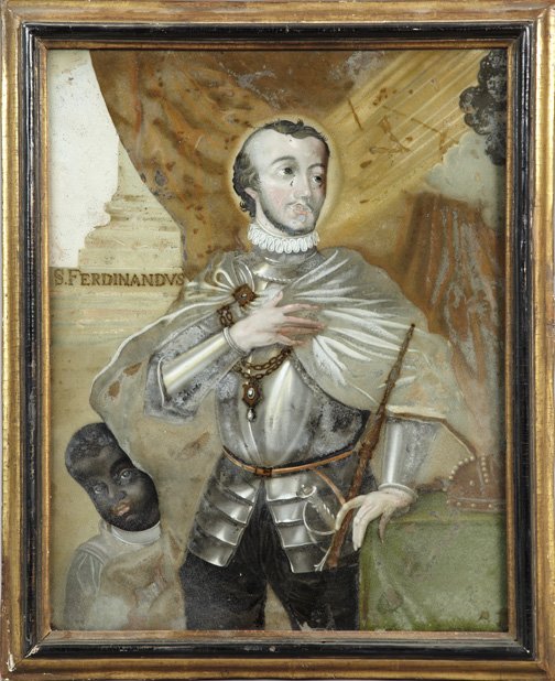 Spanish School (18th Century) Glass Painting: Spanish School (18th Century) "St. Ferdinand", reverse glass painting, 21" x 16-1/4". Presented in a parcel-gilt and ebonized frame.