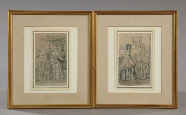 American School (Late 19th Century): American School (Late 19th Century) "Godey's Paris Fashions Americanised", pair of prints, sight 10-1/4" x 8-1/2". Glazed, matted and presented in giltwood frames.