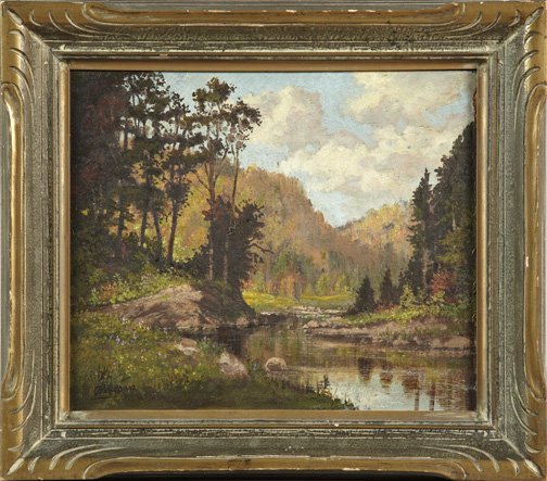 Otto Planding (Canadian, 1887-1967): Otto Planding (Canadian, 1887-1967) "Forest Landscape with River", oil on board, signed lower left "O Planding", 11" x 13". Presented in a carved giltwood frame.