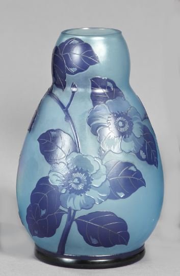 Wilhelm Kralik and Sohn, Bohemia, Glass Vase: Wilhelm Kralik and Sohn, Bohemia, Cameo-Cut Glass "Soleil" Vase, in cobalt over sky blue, signed at one side in cameo script "Soleil", h. 8". The "Soleil" line was Kralik's luxury glass offering in th