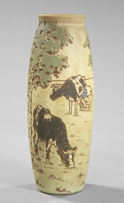 Rare Weller Pottery "Dickens Ware" Vase,: Rare Weller Pottery "Dickens Ware" Vase, first quarter 20th century, of baluster form in "Cows and Trees" decor in the Craftsman style, with impressed mark on the base "Weller", h. 12-1/2".