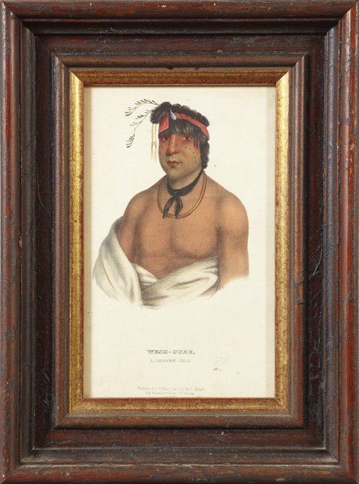 John T. Bowen (American, 1801-1856): John T. Bowen (American, 1801-1856) "Wesh-Cubb, a Chippewa Chief" and "Ha-Ka, a Winnebago Chief", pair of colored lithographs, published by D. Rice and A. N. Hart, Philadelphia, sight 10-3/4" x 5". Ha