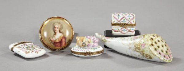 Group of Five Porcelain Items,: Group of Five Porcelain Items, consisting of a rare Nippon porcelain wall-hanging hatpin holder of horn form, first quarter 20th century; a domed porcelain portrait pot lid featuring an 18th-century l