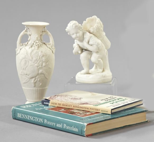 Bennington Pottery Porcelain Vases and Books: Two Bennington Pottery Parian Porcelain Vases and Two Books, one a rare Bennington Parian porcelain "Baby Gleaner" spill vase, 1847-1858, h. 7", and the other a Bennington Parian porcelain two-handled