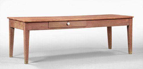 Southern Vernacular Polychromed Pine Farm Table: Southern Vernacular Polychromed Pine Farm Table, late 19th century, the large plank top mounted to the mortised framed base with large tapering square legs, one side fitted with a drawer, presented in