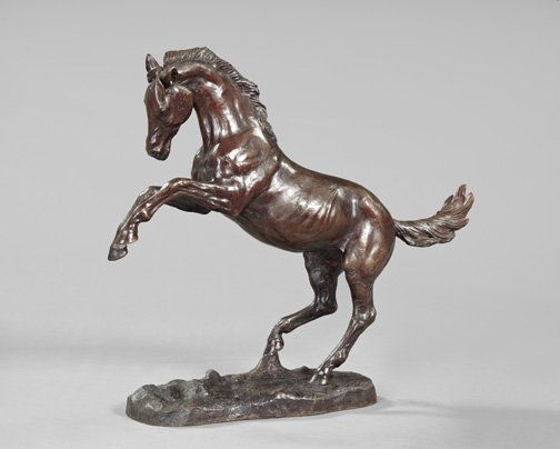 Continental Patinated Bronze Figure: Continental Patinated Bronze Figure of a Stallion, the young horse modeled rearing, the ovoid turf base touchmarked "Patino", h. 18", w. 5-1/4", l. 20".