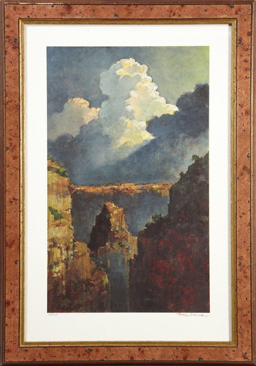 Eric Sloane (American, 1905-1985): Eric Sloane (American, 1905-1985) "Canyon Colors", offset lithograph, signed in pencil lower right, 22" x 13-1/2". Glazed, matted and presented in a parcel-gilt burlwood frame.