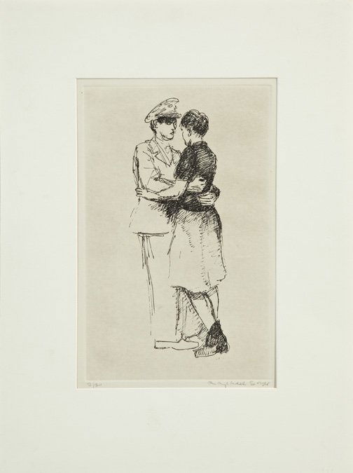 Raphael Soyer (Russian/American, 1899-1987): Raphael Soyer (Russian/American, 1899-1987) "Soldier and Woman Embracing", limited edition etching, signed "Raphael Soyer" lower right and numbered "3/30" lower left, 14-1/4" x 9". Matted and unframed
