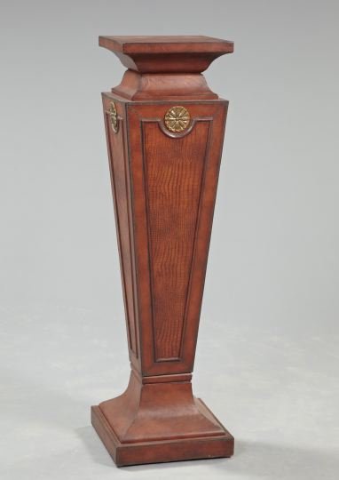 English Carved Wooden Pedestal,: English Carved Wooden Pedestal, of square tapered section in the manner of Robert Adam (English, 1728-1792), each shoulder centered with a carved giltwood rosette, the finish mahogany stained and parc