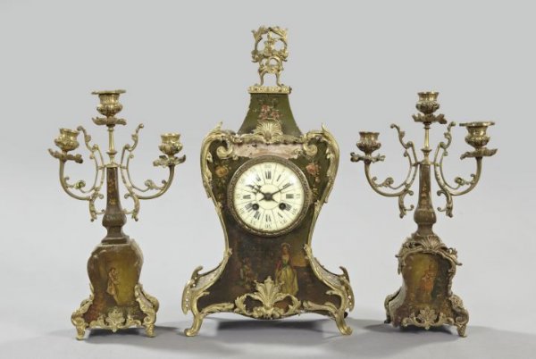 French Green Vernis Martin Mantel Garniture: Three-Piece French Green Vernis Martin Mantel Garniture, first quarter 20th century, with gilt-brass mounts in the Louis XV style, the clockworks with a circular Medaille d'Or 1855 touchmark, the set 