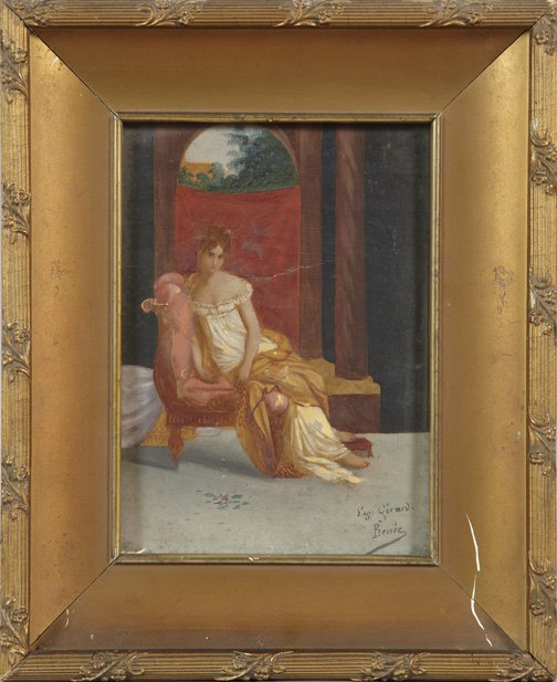 French School (Second Quarter 19th Century): French School (Second Quarter 19th Century) "Lady Sitting on a Recamier in a Classical Setting", oil on canvas, signed lower right "Sagr. Geran Renee", 7-1/2" x 5-1/2". Presented in a molded giltwood 