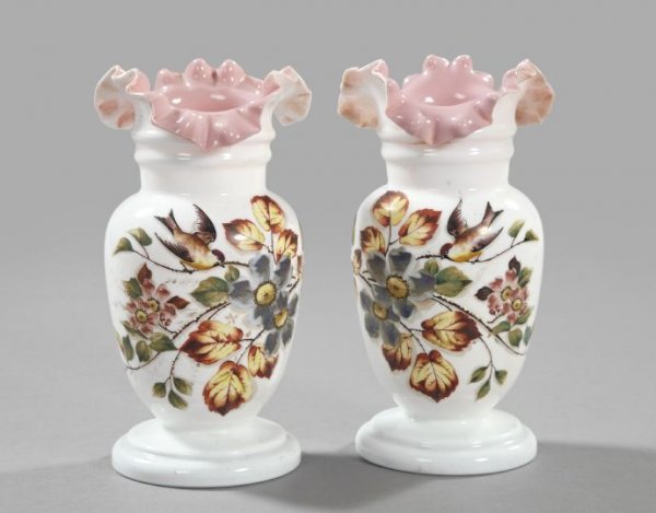 Large Pair of English Glass Garniture Vases: Large Pair of English Pink-Lined White "Bristol" Glass Garniture Vases, fourth quarter 19th century, in enameled "Songbird and Flowering Branch" decor, the lips boldly ruffled, h. 11-1/2".
