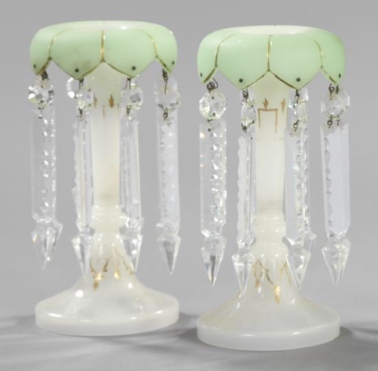 Attractive Pair of English Floriform Glass Lustres: Attractive Pair of English Floriform Glass Lustres, third quarter 19th century, composed of white opal and apple-green glass, each dressed with period back-cut "Albert" spears, h. 11-1/2", dia. 4-3/4"