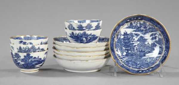 Set of Porcelain Tea Bowls and Saucers: Eleven-Piece Set of Porcelain Tea Bowls and Deep Saucers, 1775-1790, by Salopian Porcelain Works, in parcel-gilt blue and white porcelain and "Lakeside Pavilions" decor, the set comprised of five tea 