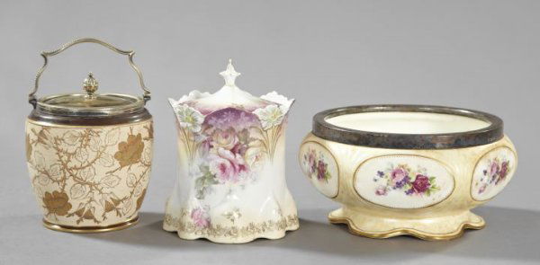 Group of Two Jars and a Bowl,: Group of Two Jars and a Bowl, consisting of a George Jones and Sons, Staffordshire, silverplate-mounted porcelain footed salad bowl in "Floral Sprays" decor, fourth quarter 19th century, h. 5-3/4", di