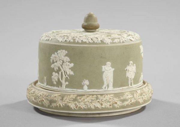 Large English Jasperware Cheese Dome,: Large English Jasperware Cheese Dome, fourth quarter 19th century, in sage green and white in the Wedgwood style, with an inverted upright acorn finial, h. 8", dia. 10-1/2".