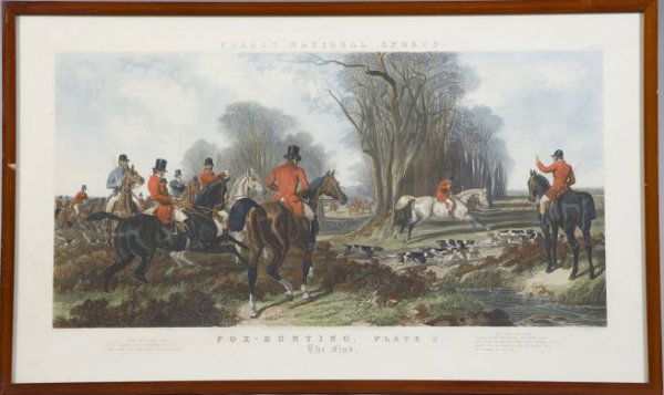 British School (20th Century): British School (20th Century) "Fores' National Sports, Fox Hunting, Plate 2, The Find", chromolithograph, after John Frederick Herring, Sr., sight 27-3/4", w. 47-1/4". Glazed and framed.