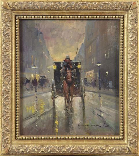 After Edouard Cortes (French, 1882-1969): After Edouard Cortes (French, 1882-1969) "Rainy Evening in Paris", oil on panel, bears a signature of "Edouard Cortes" lower right, 11-1/2" x 10". Presented in a giltwood and gesso frame.