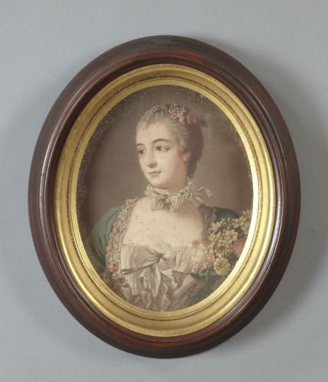 After Francois Boucher (French, 1703-1770): After Francois Boucher (French, 1703-1770) "Oval Portrait of a Lady", offset lithograph, sight 13" x 10". Presented in an American Renaissance Revival walnut shadowbox frame.